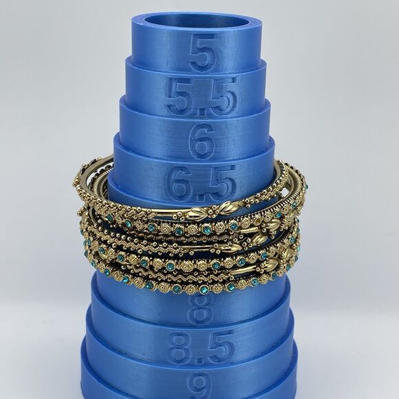 Stunning Gold Tone Blue Rhinestone 7 Piece Metal Bangle Bracelet Set New 7.5" - Picture 6 of 7